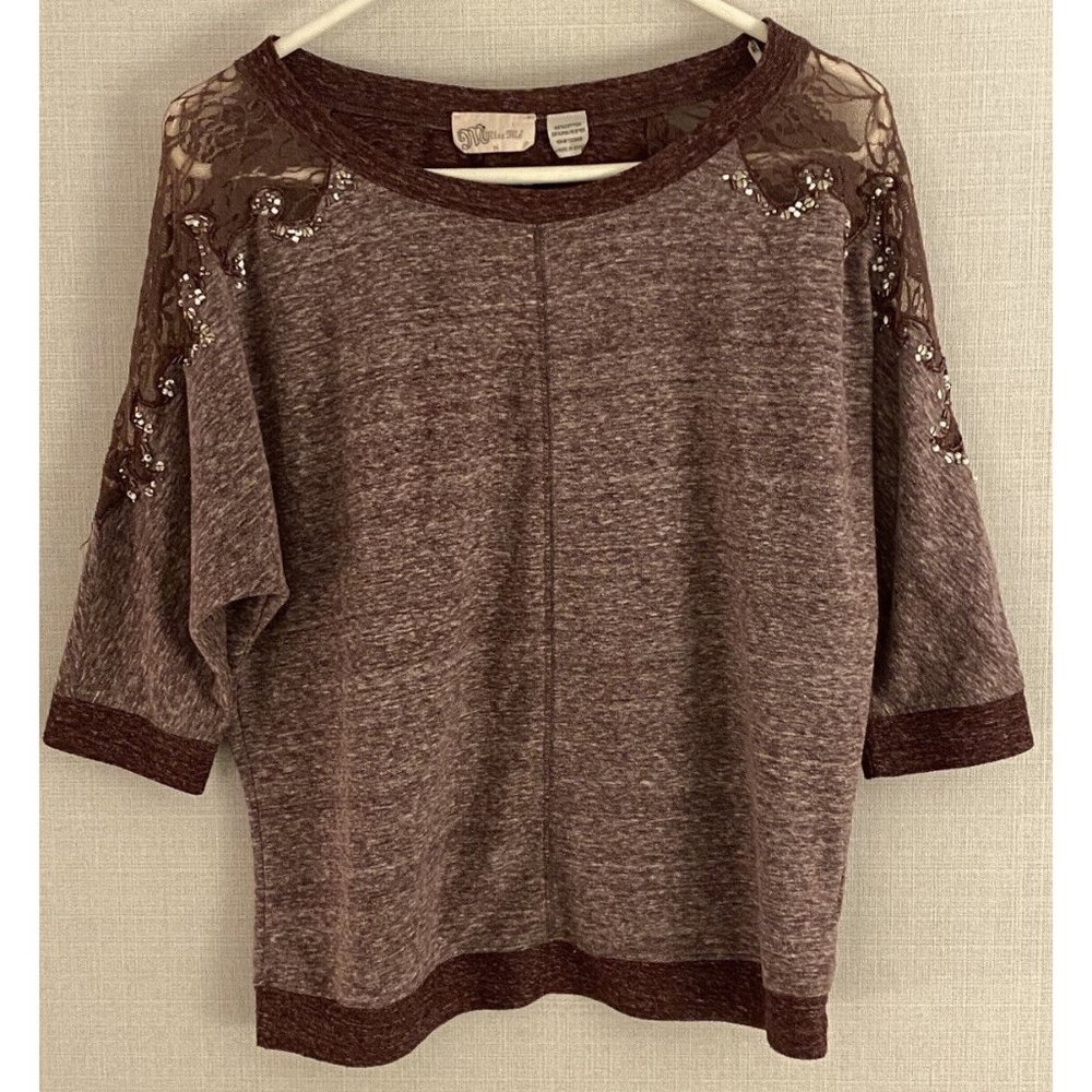 Miss Me Women's Medium 3/4 Sleeve Scoop Neck Sequin Blouse Top Muted Burgundy
